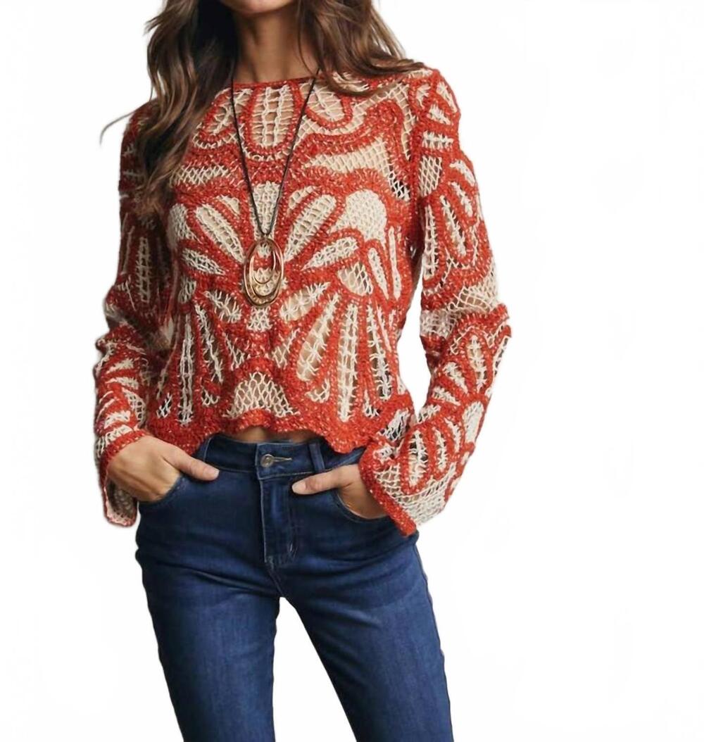 NEW FORTE crochet floral design sweater in dark orange